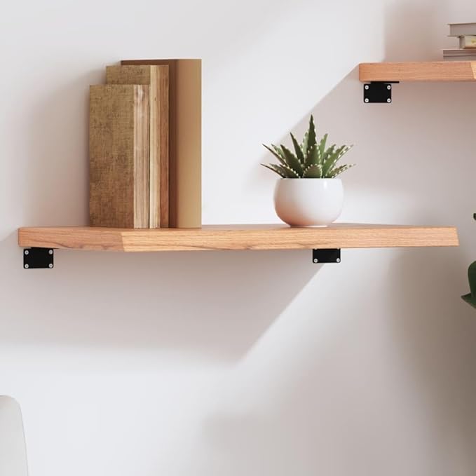 Solid Wood Oak Wall Shelf with Live Edge 23.6x11.8 Inches Rustic Bathroom Kitchen Storage Light Brown Treated Surface Handmade Floating Shelf