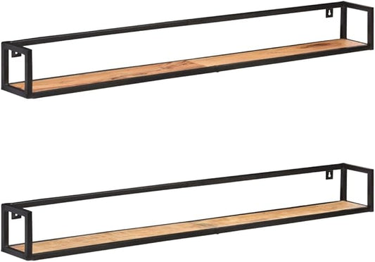 Set of 2 Floating Wall Shelves, 63 Inch Long Solid Acacia Wood and Iron Industrial Display Shelves, Heavy Duty Wall Mounted Storage Shelves for Living Room Bedroom Decor