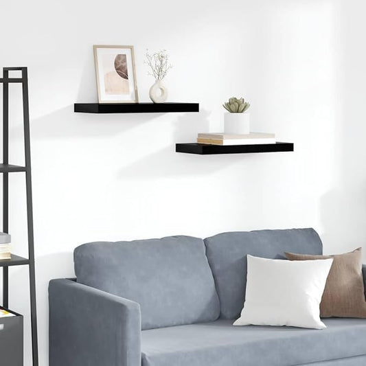 Floating Wall Shelves Set of 2, Modern High-Gloss Black Decorative Wall Mounted Shelving Units for Bedroom, Living Room, and Home Office Display, 19.7 x 9.1 Inch