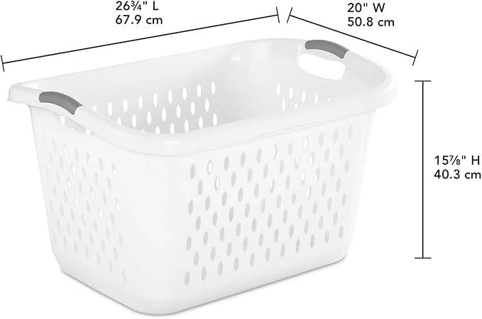 2.7 Bushel Plastic Laundry Basket, Portable Clothes Organizer with 2 Carry Handles, Oval Ventilation Holes, Large Capacity Laundry Basket for Closet Dorm Laundry Room Bedroom, BPA-free,White
