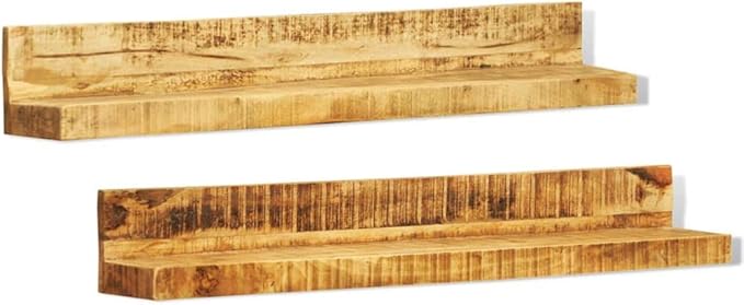 Solid Wood Wall Mounted Display Shelf 2 pcs, Mango Wood Floating Shelves for Kitchen Living Room, 44lb Weight Capacity, Easy Installation Modern Decor