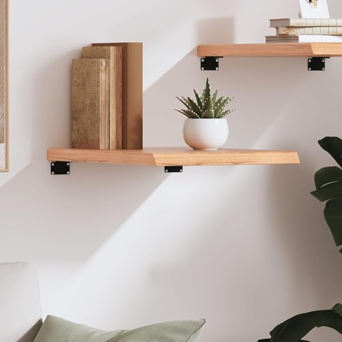 Solid Oak Wall Shelf, 23.6 x 15.7 Inch Floating Shelf with Live Edge, Rustic Wooden Display Ledge for Living Room, Heavy Duty Farmhouse Wall Mount Storage