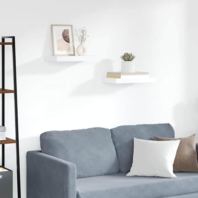 Set of 2 Floating Wall Shelves, Modern Rectangular White Wood Display Ledges for Bedroom, Living Room, and Home Decor, 15.7 x 9.1 Inch Decorative Storage Shelf