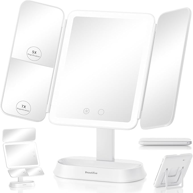 Lighted Makeup Mirror with 7X/5X/1X Magnification, Vanity Mirror with Lights, Trifold Led Makeup Mirror, 3 Lights Colors & Adjustable Brightness, 360° Rotation & Detachable Design for Travel Gift