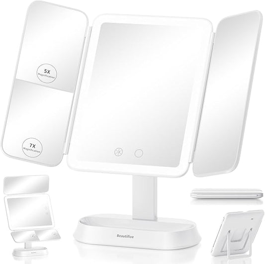 Lighted Makeup Mirror with 7X/5X/1X Magnification, Vanity Mirror with Lights, Trifold Led Makeup Mirror, 3 Lights Colors & Adjustable Brightness, 360° Rotation & Detachable Design for Travel Gift