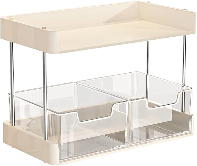 2-Tier Makeup Organizer with Drawers, Large Capacity Skincare Storage Rack, Countertop Cosmetic Display Stand Medicine Organizer Medicine Cabinet for Vanity, Bathroom, Bedroom (Beige & Clear)