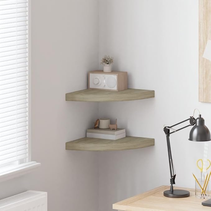 Corner Shelf Set of 2 Floating Shelves for Wall, 13.8 Inch Oak Wood Finish, Decorative Wall Mount Shelves for Bedroom, Living Room, and Office, Brown
