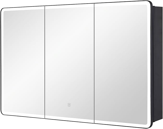 IDYLLOR Lighted Bathroom Medicine Cabinet with Round Corner Framed Mirror Door 40 x 25.5 inch, Recessed or Surface Mount, with Adjustable Glass Shelves