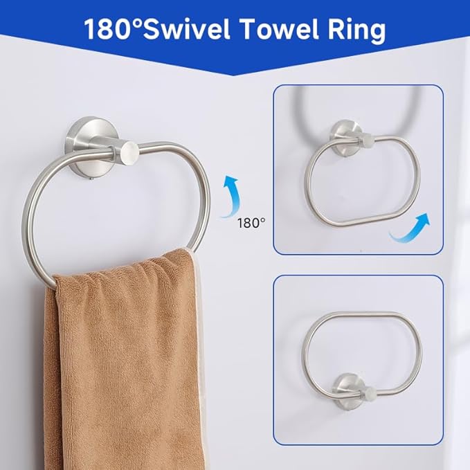 7-Piece Bathroom Hardware Accessories Set SUS304 Stainless Steel Towel Bar Set Wall Mounted 25.9-Inch Towel Rack, Towel Ring, Toilet Paper Holder with Shelf & 4 Hooks, Silver