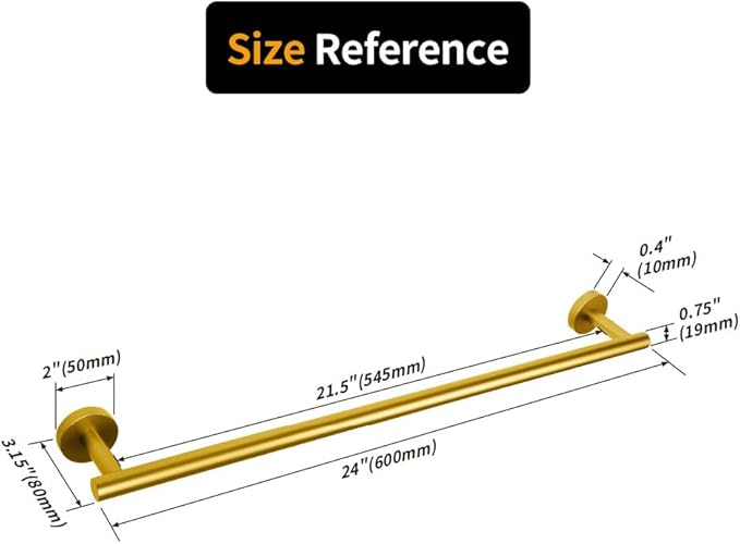 Stainless Steel 24-Inch Bathroom Single Towel Bar Gold Towel Holder, Wall Mount Towel Back Rod Hotel Style