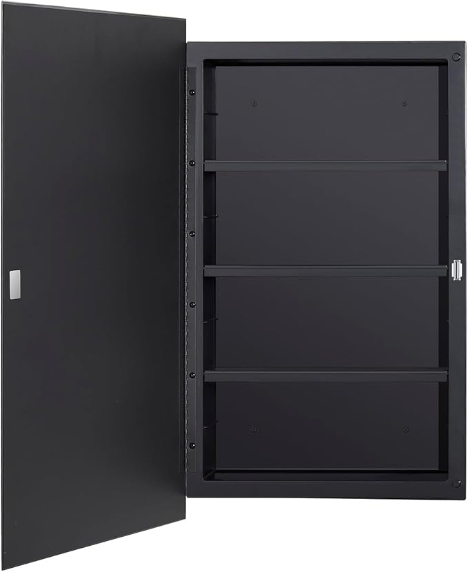 IDYLLOR Black Plastic Medicine Mirror Cabinet for Bathroom with 18 x 28 inch Beveled Edge Mirror, Recessed and Surface Mount