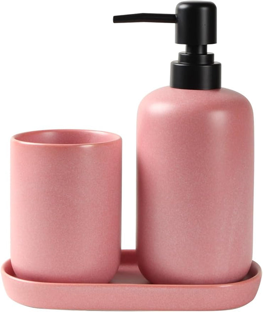 Ceramic Bathroom Accessories Set, Matte Red Soap Dispenser 15.5oz & Toothbrush Holder 10.6oz with Tray, Modern Countertop Set for Bathroom, Vanity, Kitchen Sink