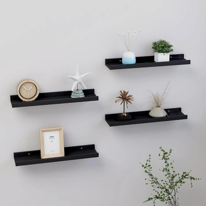 Wall Shelves 4 pcs Black Floating for Wall Decor, MDF Storage 15.7x3.5x1.2 Inches, Modern Display Shelves for Living Room Bedroom Kitchen Bathroom Organization