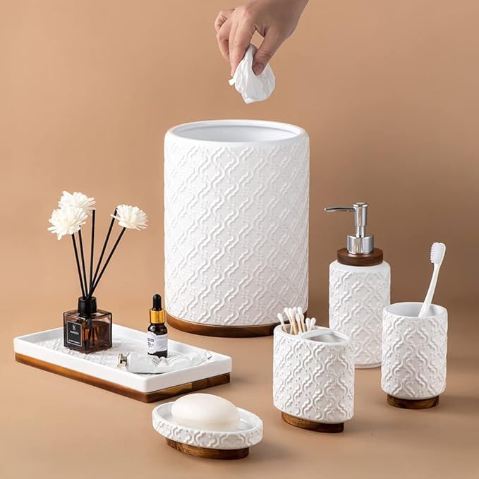 RQYIXI Elegant 6 PCS Ceramic&Wood Bathroom Accessories Set:Soap Dispenser,Toothbrush Holder,Tumbler,Soap Dish,Tray,Trash Can,Easy to Clean,Quatrefoil Pattern,White-Affordable Home Luxury