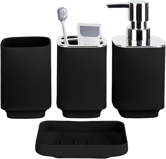 4 Piece Bathroom Accessories Set, Black Boho Bathroom Decor, Bathroom Sets Complete, Soap Dispenser, Toothbrush Holder, Mousewash Cup and Soap Dish, Bathroom Sink Set for Modern Home Decor