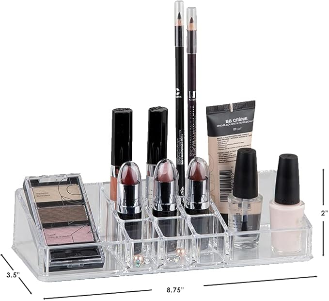 Home Basics Multi-Functional Plastic 11 Compartment Makeup Organizer Nail Polish, Lipstick, Eyeliner, Foundation, Blush, for Vanities, Counter-top, Dressers, Clear