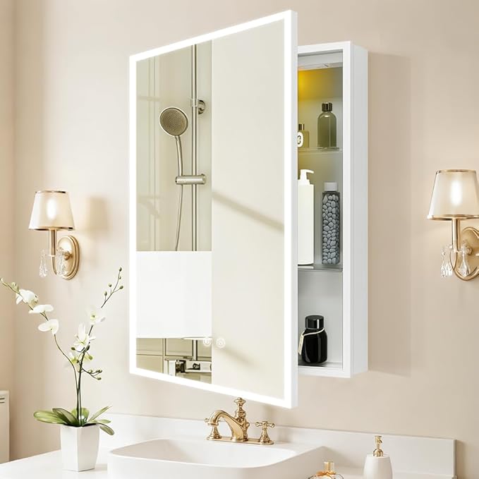 Smart Bathroom Medicine Cabinet with Integrated 3-Color LED Lighting, 20x28inch, White, Demister, USB Socket, and Recessed or Surface Mount Option