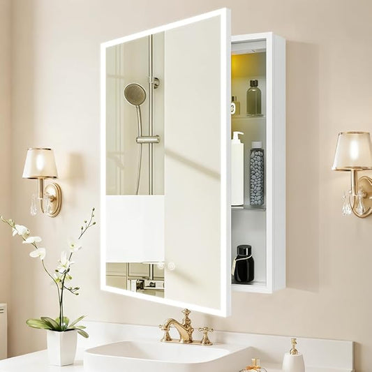 Smart Bathroom Medicine Cabinet with Integrated 3-Color LED Lighting, 20x28inch, White, Demister, USB Socket, and Recessed or Surface Mount Option