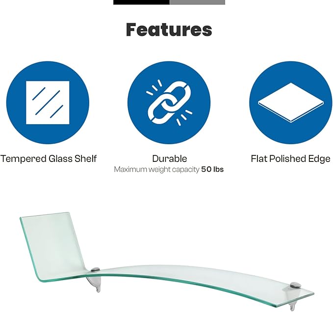 Bent Chase Shelf, 31.5” L x 8” W Inch - 3/8 Inch Thick Clear Tempered Glass Shelve with Flat Polished Edge-Comes with 2 Free Chrome Brackets and Screws for Living Room, Bedroom and Wall Decoration