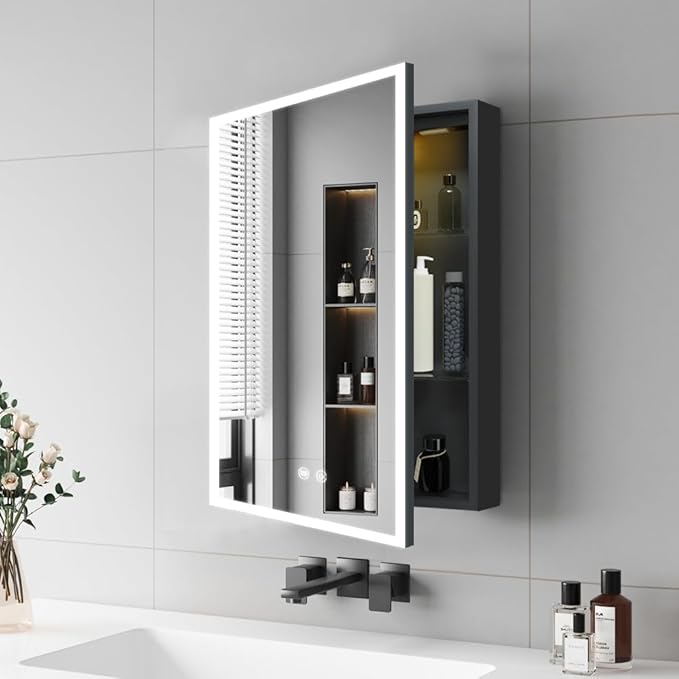 LED Medicine Cabinet,16x24inch,Recess Mirror Cabinet for Bathroom,3 Color,Dimmable,Demister, Detachable Side Panel for Recess Mount or Surface Mount,USB Shaver Socket, Internal Lighting