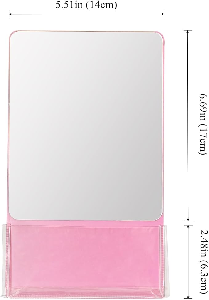 Magnetic Locker Mirror with Fully Magnetic Back, 9.45" x 5.51" Small Real Glass Super Clear Reflection Mirror with Storage Pocket for School Locker Refrigerator Office Cabinet -Pink, 1 Pc