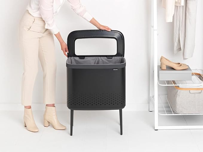 Brabantia Bo Laundry Hamper (Matt Black) Removable Laundry Bag 16 Gal, Ventilated Stylish Discreet Dirty Clothes Holder, Flat Back, Anti-Rust Materials for Bathroom Use