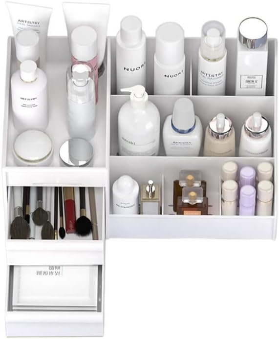 Jilukibo Large Capacity Makeup Organizer for Bathroom Bedroom, Cosmetic Storage Box with Drawers, Desktop Makeup Container for Jewelry Lipstick Skin Care (White)