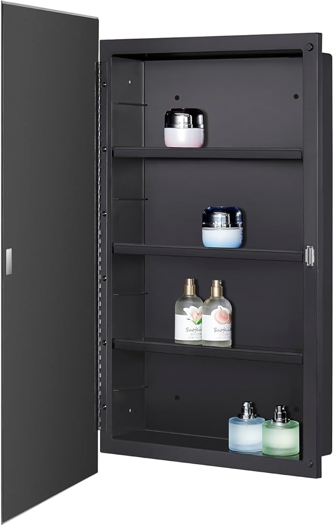 IDYLLOR Black Plastic Medicine Mirror Cabinet for Bathroom with 16 x 28 inch Beveled Edge Mirror, Recessed and Surface Mount