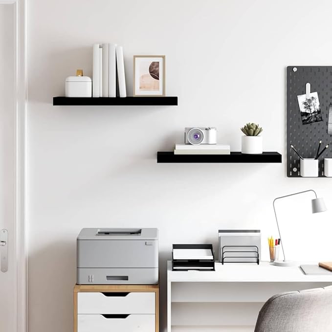 Floating Wall Shelves 2 Pack, Modern Invisible Mounting Display Shelves for Living Room Bedroom, High Gloss Black 23.6x9.3 Inches, Sturdy MDF and Metal for Books Decor Photos