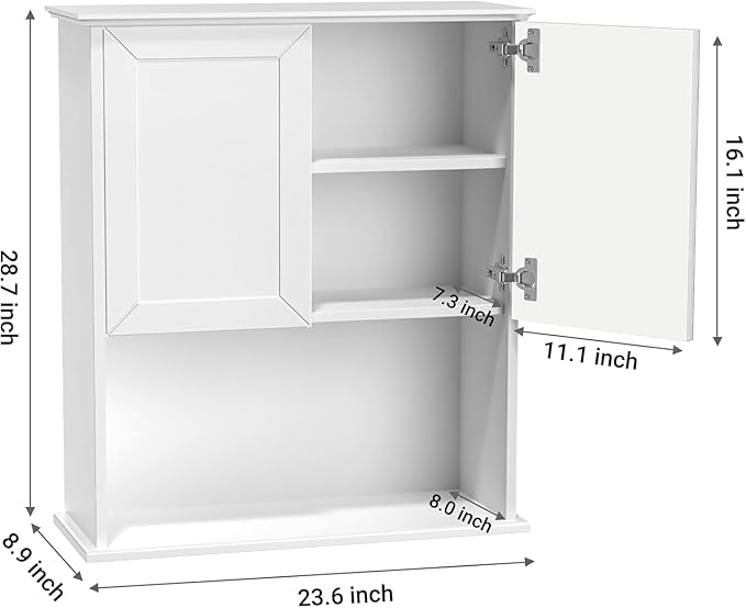 Bathroom Wall Cabinet Wooden with 2 Doors,Over the Toilet Storage Cabinet,Bathroom and Laundry Wall Mount Storage Medicine Cabinet with Open and Adjustable Shelf,Easy Assembly (Style A (1 PC), White)