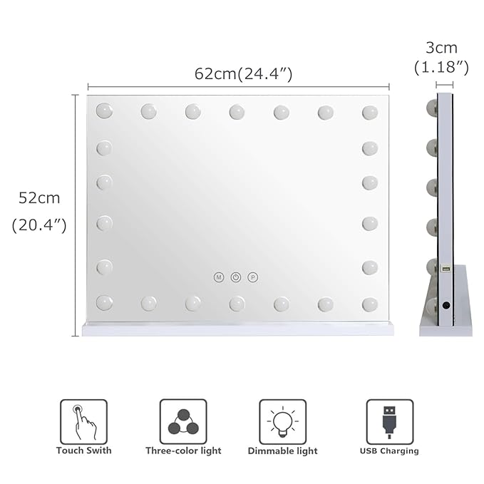 24.4"x 20.4" Vanity Mirror Makeup Mirror with Lights,10X Large Hollywood Lighted Vanity Mirror with 22 Dimmable LED Bulbs,3 Color Modes,Touch Control for Bedroom,Tabletop or Wall-Mounted