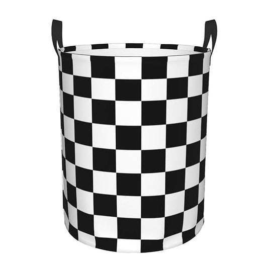 Black And White Checkered Pattern Round Laundry Hamper Checkerboard Storage Basket Toys Clothes Organizer Bin For Home Bathroom Bedroom Dorm Nursery, 62l
