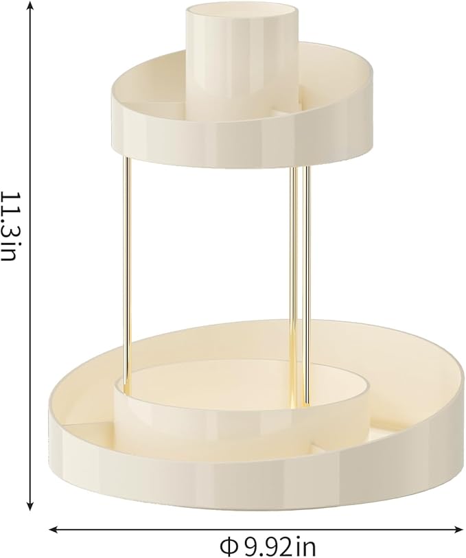 INVSSENE 2 Tiers Rotating Makeup Organizer, Large Makeup Organizer for Vanity, Countertop Storage Shelf for Cosmetics, Skincare, Makeup Brush - Warm White