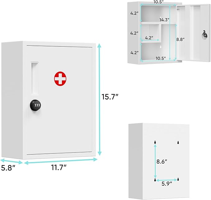 POKIPO Wall Mount Locking Medicine Cabinet, Empty Metal Medicine Storage Box with All-Metal Digit Lock, Bathroom Cabinet Organizer Over the Toilet, Keyless First Aid Box for Home School Business