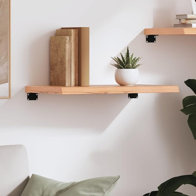 Solid Wood Oak Wall Shelf with Live Edge 23.6x11.8 Inches Rustic Bathroom Kitchen Storage Light Brown Treated Surface Handmade Floating Shelf