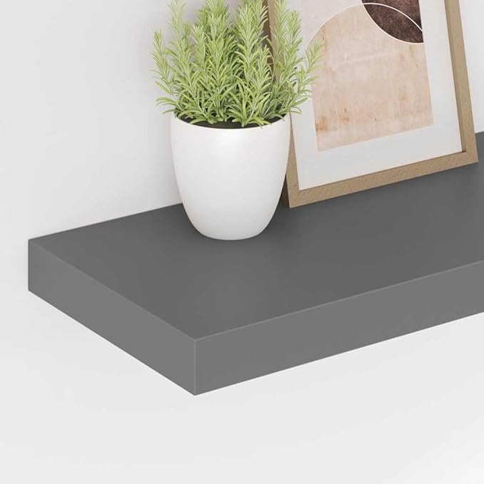 Floating Wall Shelves Set of 4, Modern High Gloss Gray Display Shelves with Invisible Mounting, 19.7x9.1 Inches MDF Board for Living Room Bedroom Office Decor, Holds 15.4 lbs Each