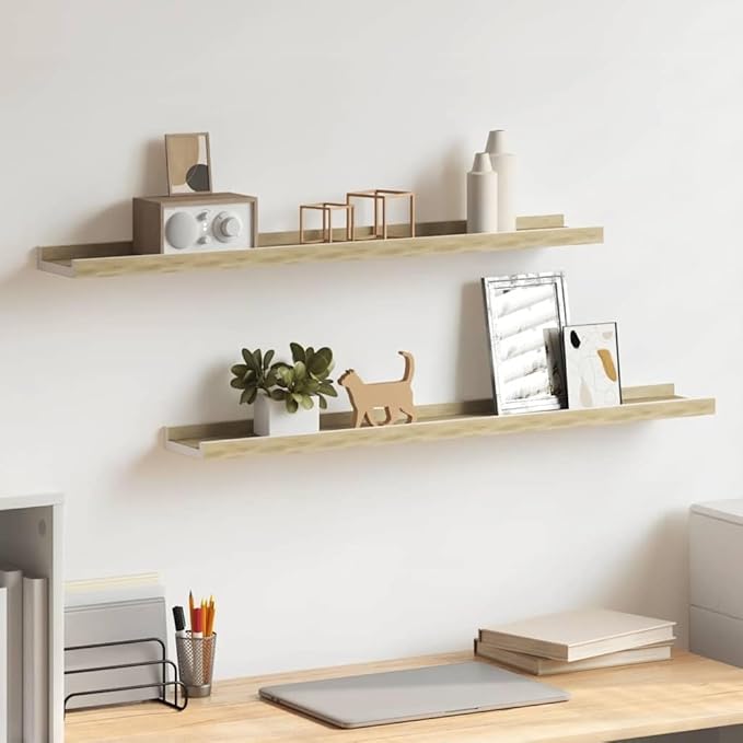 Set of 2 Floating Shelves for Wall, 31.5 Inch Modern Wall Mounted Display Ledge, White and Sonoma Oak Wood Storage Organizer for Living Room, Bedroom