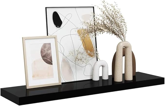 Floating Wall Shelf, Modern High Gloss Black Display Ledge, 35.4 Inch Decorative Storage Rack for Bedroom, Living Room, and Office, Wall Mounted MDF Shelf