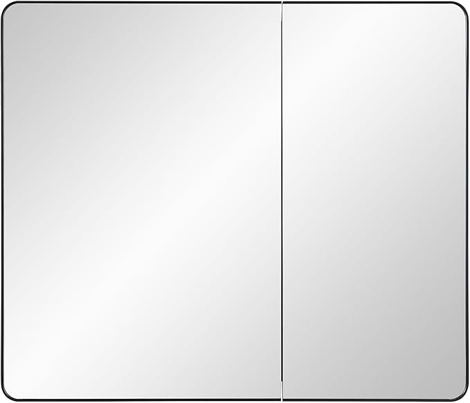 IDYLLOR Black Bathroom Medicine Cabinet with Round Corner Framed Door and Beveled Edge Mirror 22 x 20 inch, Recessed or Surface Mount, with Adjustable Glass Shelves