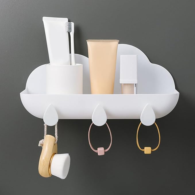 Veemoon Cloud-Shaped Wall-Mount Shelf Bathroom Storage Rack with Hooks White Metal Hanging Organizer for Home Accessories and Bathroom Essentials