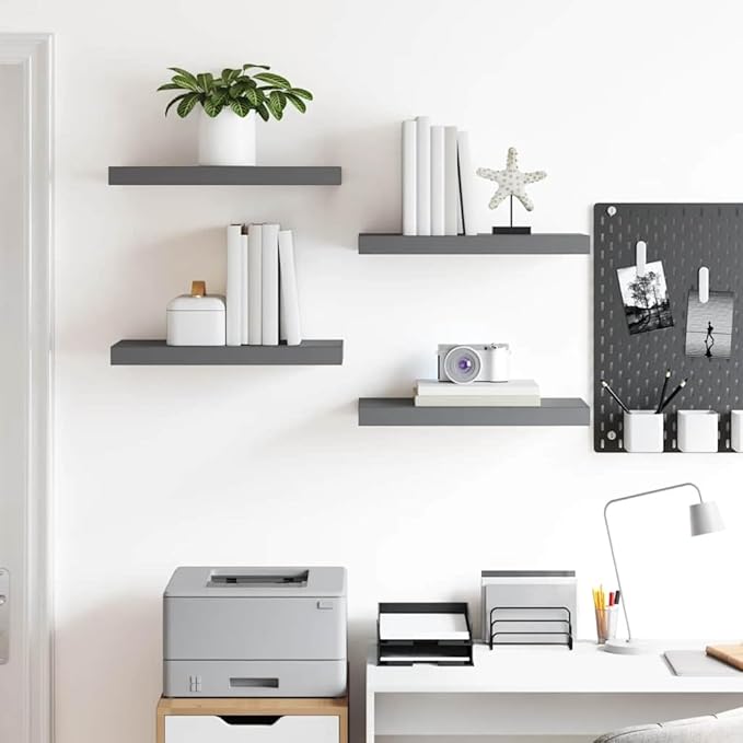 Floating Wall Shelves Set of 4, Modern High Gloss Gray Display Shelves with Invisible Mounting, 19.7x9.1 Inches MDF Board for Living Room Bedroom Office Decor, Holds 15.4 lbs Each