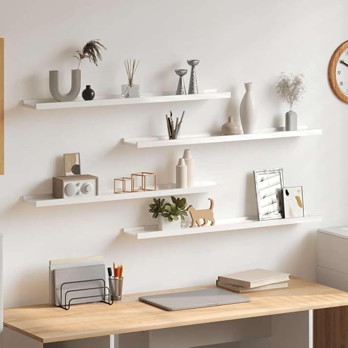 Set of 4 Floating Wall Shelves, 31.5 Inch Modern High Gloss White MDF Decorative Ledge Shelves for Bedroom, Living Room, and Home Office Organization