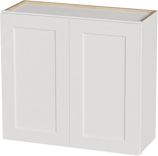 Kisart Laundry Room Cabinets Wall Mounted with Doors & Shelves, Solid Wood RTA Medicine Storage Cabinet, 33" Wx30 Hx12 D Inch White Shaker Hanging Cupboard, Space-Saving for Kitchen, Bathroom, Garage