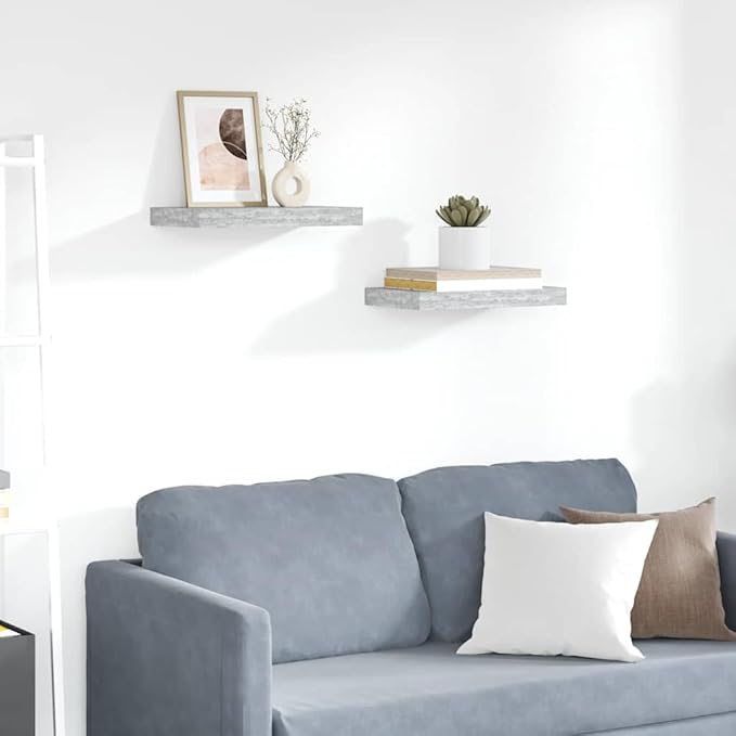 Floating Wall Shelves Set of 2, Concrete Gray Modern Invisible Mounting Shelves for Living Room Bedroom, 15.7x9.1 Inches MDF Display Rack for Books Decor Plants