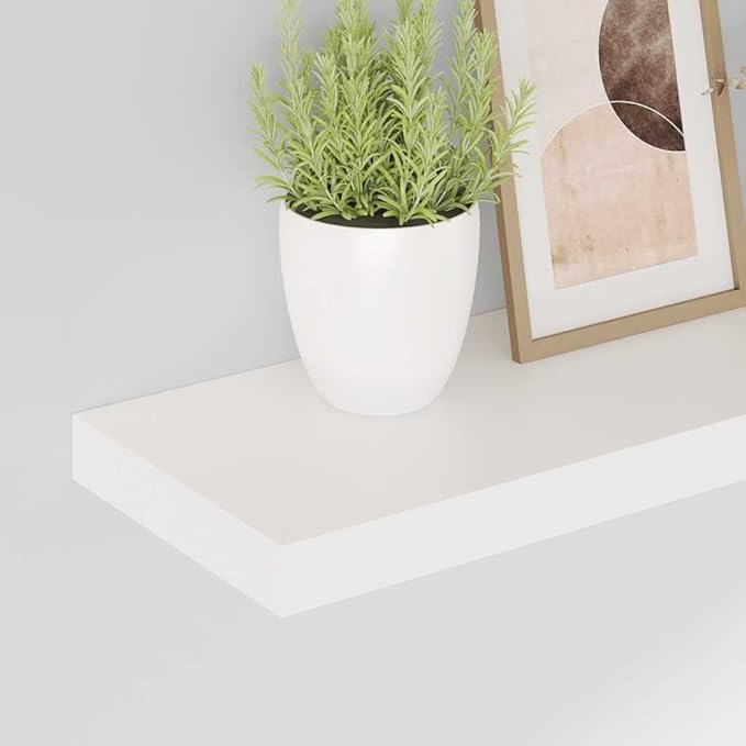 Floating Wall Shelves Set of 2, Modern High Gloss White Invisible Mounting Display Shelves for Living Room Bedroom, 19.7x9.1 Inches, Durable MDF and Metal, Holds 15.4 lbs Each