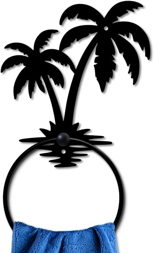 MAYJOYDIY Palm Tree Metal Towel Ring Summer Beach Trees Towel for Wall Holder Black Art Towel Rack Wall Mounted Wall Decor Towel Hanger for Bathroom Kitchen Home Decors Gift