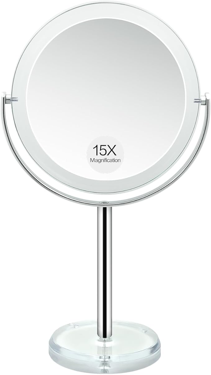 Snowflakes Double Sided 1X / 15X Magnifying Makeup Mirror with Stand - 6.7 Inch Tabletop Vanity Mirror for Bathroom or Bedroom with 360° Rotation.
