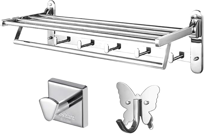 Roshan Handcrafted and Hand Polished Multi Purpose Towel Rack, Rust Proof and Peel Resistant Towel Shelf, Includes 2 Handmade Hooks (3, Silver)