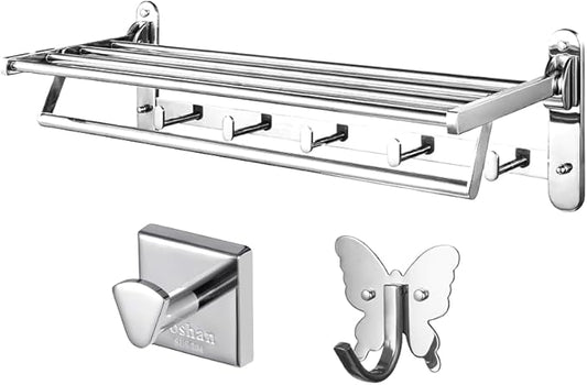 Roshan Handcrafted and Hand Polished Multi Purpose Towel Rack, Rust Proof and Peel Resistant Towel Shelf, Includes 2 Handmade Hooks (3, Silver)
