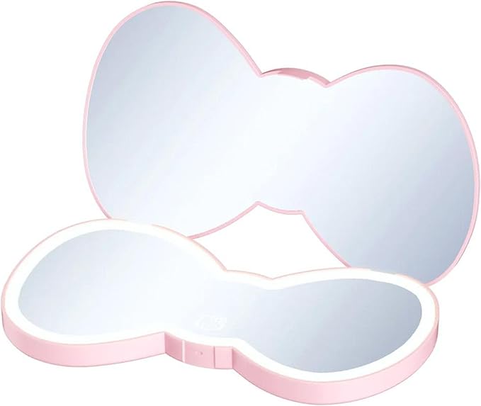 Impressions Vanity Hello Kitty Bow LED Compact Mirror, Double Sided Cute Travel Makeup Mirror, Soft Touch Button with Slide Down Auto Shut Off (Large)